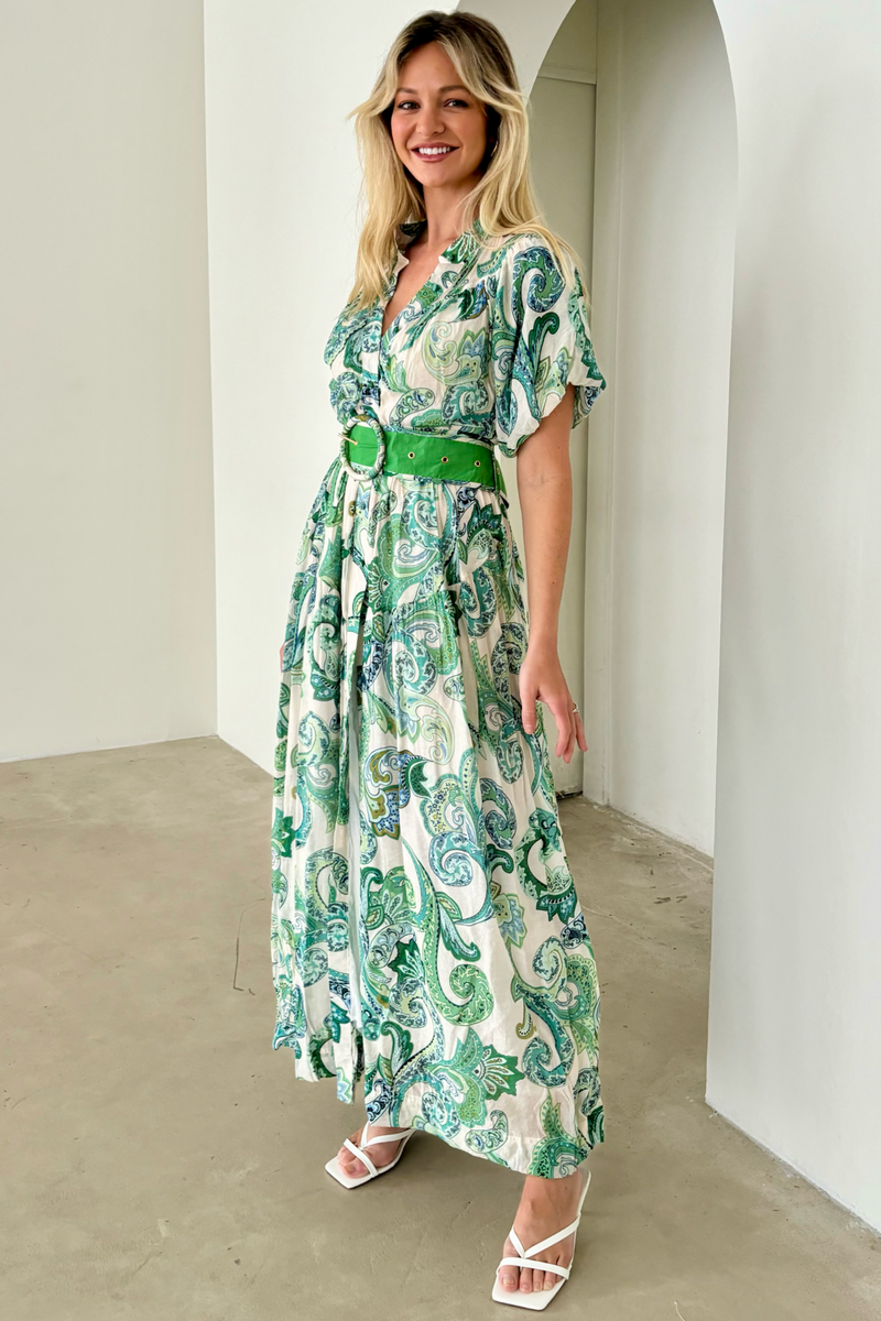 HARMONY COTTON DRESS - GREEN PAISLEY