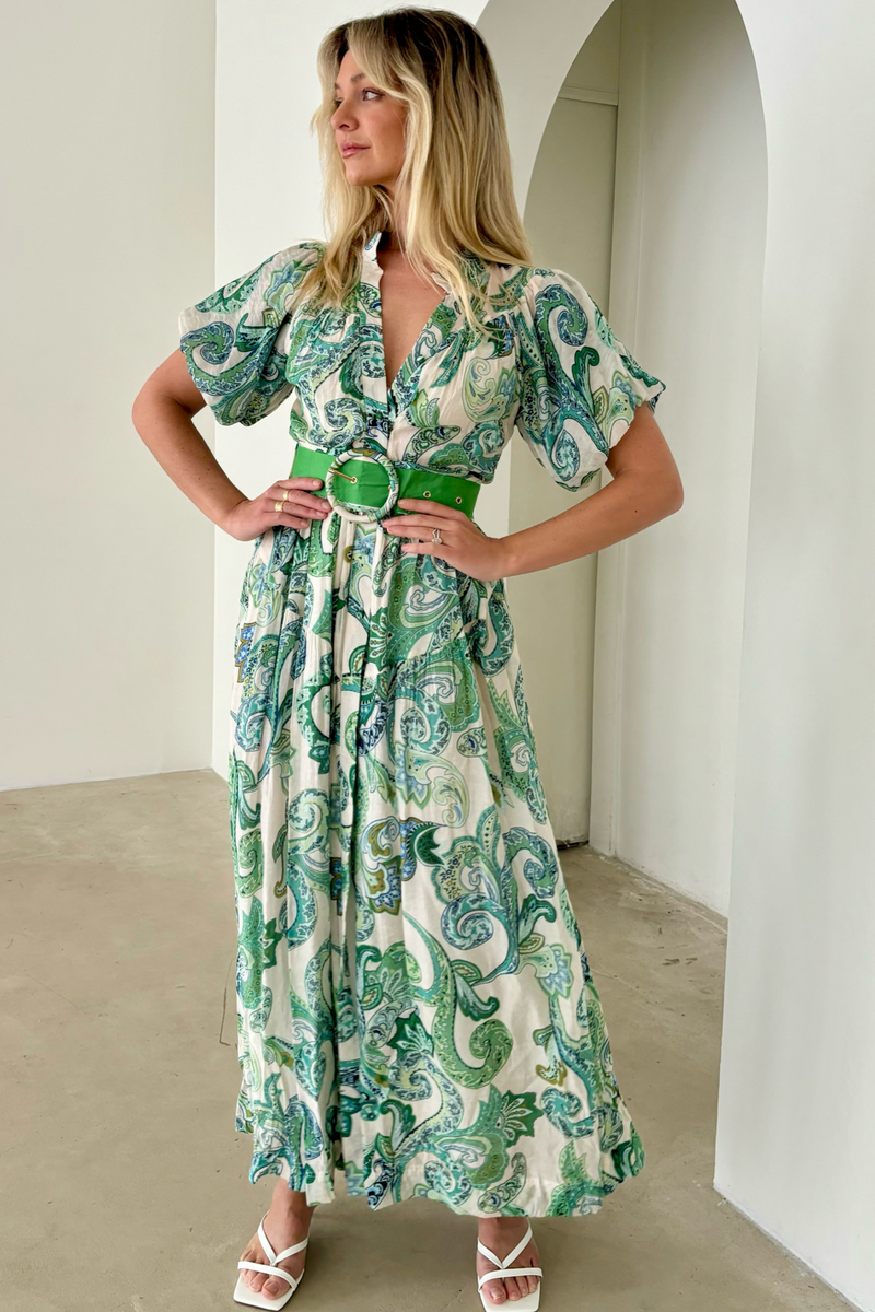 HARMONY COTTON DRESS - GREEN PAISLEY